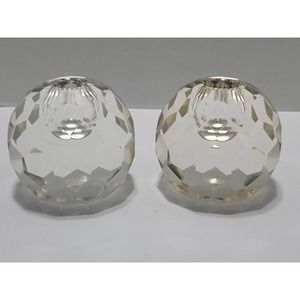 2 Post House Crystal Multi-Faceted Hand Cut Glass Candleholders Paperweights